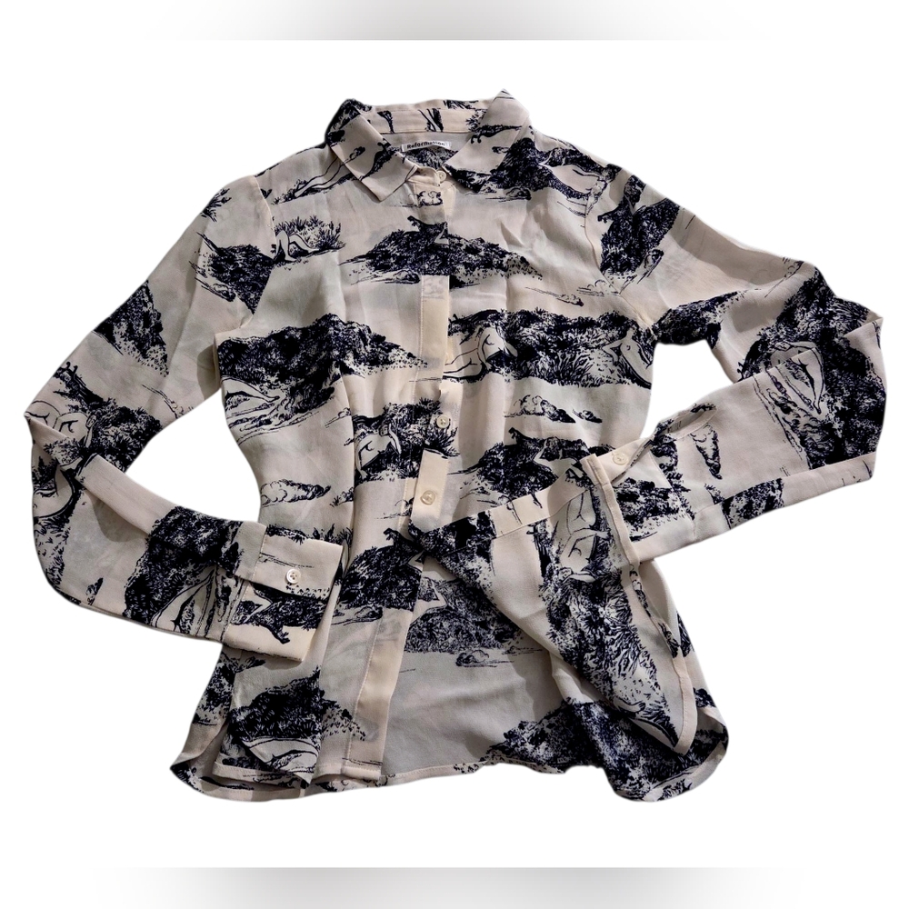 White and Black Graphic Button-Up Shirt